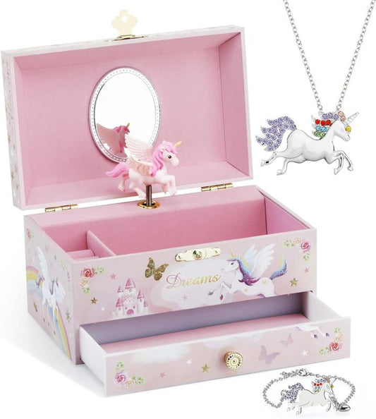 Musical Jewelry Box with Big Drawer and zirconia stones Jewelry Set with Spinning Unicorn and Glitter Rainbow Butterfly Design - Over the Waves Tune Pink