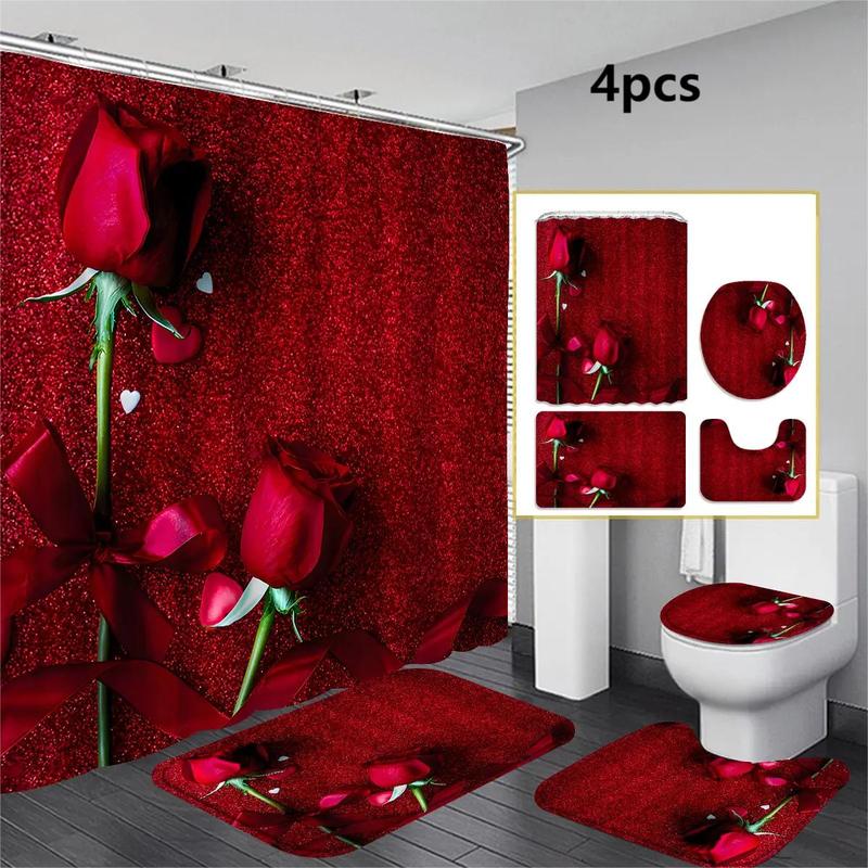 Room Decor Rose Pattern Bathroom Decor Set, 1/4pcs Modern Home Decor Shower Curtain & Bathroom Mat & Toilet Lid Mat, Home Essentials, Shower Curtain Sets, Bathroom Accessories Decoration Supplies