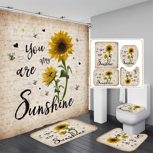 4 Pcs Bathroom Shower Curtain Set Sunflower Style