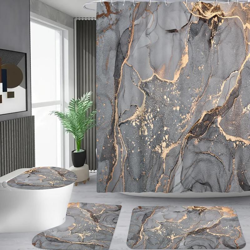 Marble Pattern Bathroom Set, 4 Counts/set Including 1 Decorative Bath Curtain & 1 Toilet Lid Mat & 1 U-shaped Mat & 1 Bath Mat, Bathroom Gadgets 2024, Bathroom Decor Set