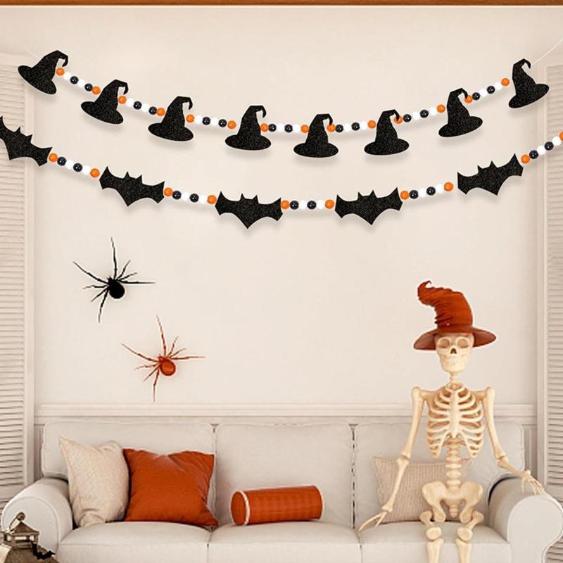 Bat & Witch Hat Design Beaded Hanging Decor, 2 Counts Halloween Party Hanging Decoration, Wall Hanging Ornaments for Home Party Decor, Fall Gifts, Halloween Decor