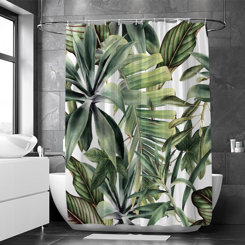 Tropical Leaf Pattern Shower Curtain, Casual Waterproof Shower Curtain with Hooks, Bathroom Accessories, Home Decoration