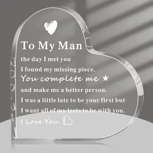 Fathers Day Dad Gifts from Wife, Men Father's Day Gifts for Husband Boyfriend,Clear Heart Acrylic Plaque, Acrylic Keepsake,