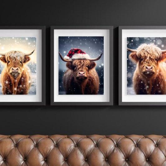 Highland Cows Christmas Set Decor Print Decoration Wall