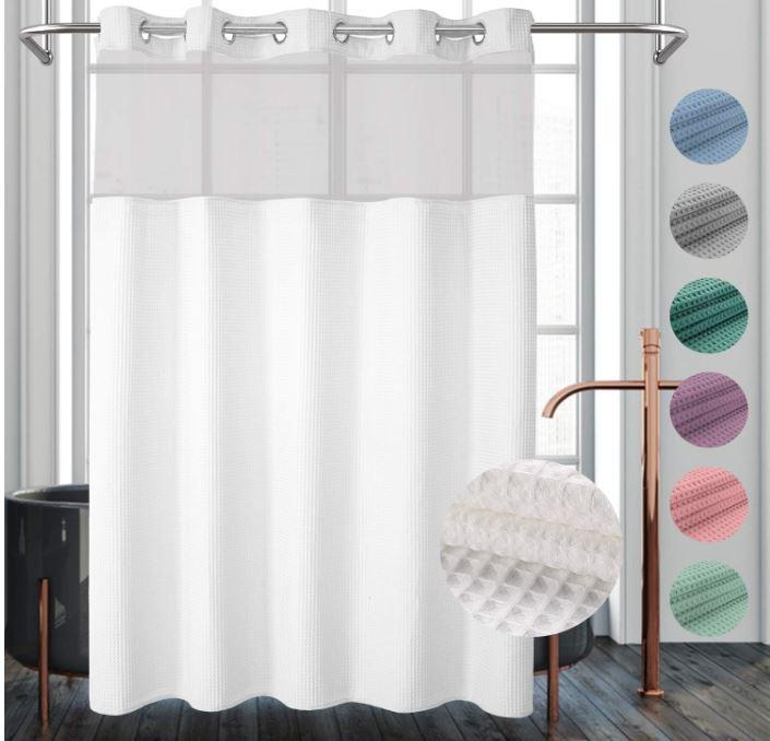 White Fabric Shower Curtain Set, Cotton Blend, Waffle Weave, with Snap in Replacement Liner ,71 x 74 inches