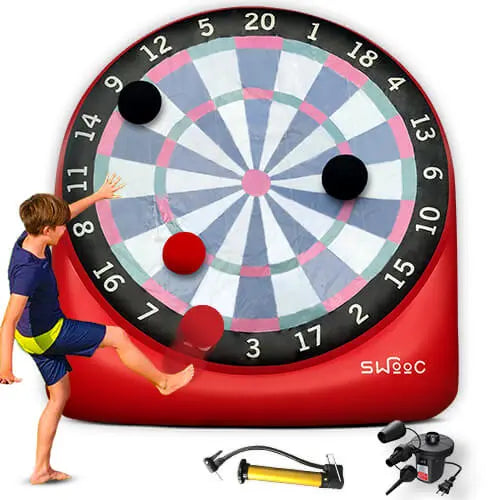 SWOOC Games - Giant Kick Darts (Over 6ft Tall) w/ 15+ Games Included - Jumbo Soccer Darts w/ Air Pump - Big Inflatable Games - Carnival Games - Giant Outdoor Games & Activities - Giant Yard Games - Extra Large Yard Games - Kickball Set - Family Lawn Darts