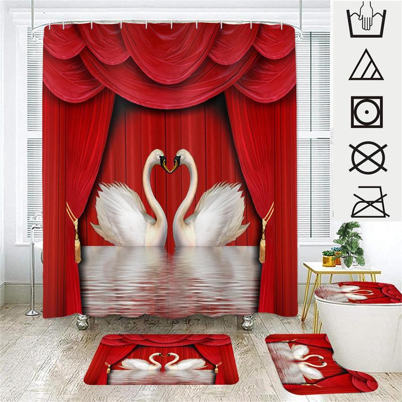 Romantic Swan Pattern Bathroom Curtain Set, 4 Counts/set Including Shower Curtain with 12pcs Hook, Toilet Lid Cover, U-shaped & Rectangular Mat, Bathroom Decor Set