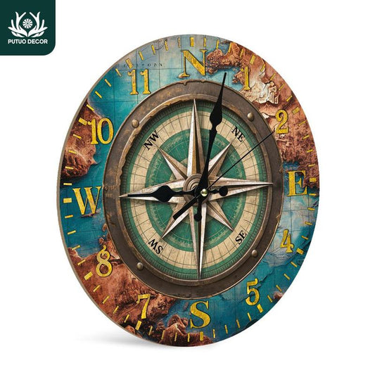 Wooden Wall Clock, Round Wall Clock with Compass Rose Element, Wall Art Decor for Home Farmhouse Office Studio Living Room Cafe Coffee Shop Club