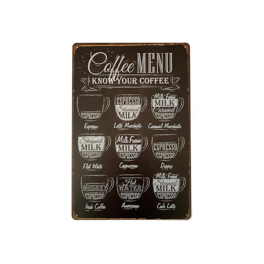 Coffee Menu Design Tin Sign, Retro Metal Sign, Vintage Wall Art Decor for Coffee Shop, Home, Kitchen