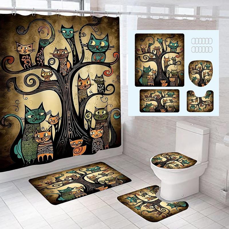 Tree & Cat Print Bathroom Set, Including 1 Waterproof Shower Curtain (with 12 Hooks) & 1 Toilet Seat Cover & 1 Rectangle Bath Mat & 1 U-shaped Toilet Mat