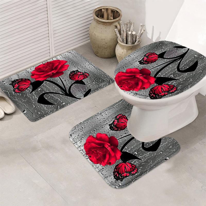 Rose & Butterfly Pattern Bathroom Decor Set, 1 Count/4 Counts Modern Waterproof Bathroom Shower Curtain with 12pcs Hooks, Bathroom Accessories for Home Decor