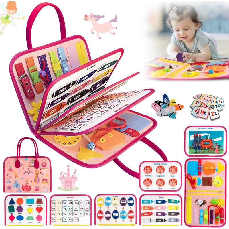 Busy Board for Toddlers,Busy Book Montessori Sensory Board Travel Quiet Book Preschool Educational Learning Toy for Baby Kids Car Plane Basic Dress Skills Fine Motor Activity Boards for 1+ Years Old