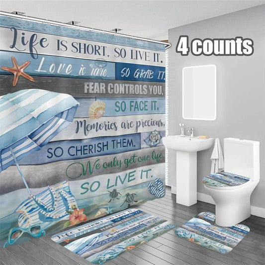 Sea & Letter Pattern Bathroom Accessories Set (4 Counts), Waterproof Bath Curtain with Hooks & Toilet U-shaped Mat & Toilet Lid Cover & Bath Mat, Bathroom Decor Supplies