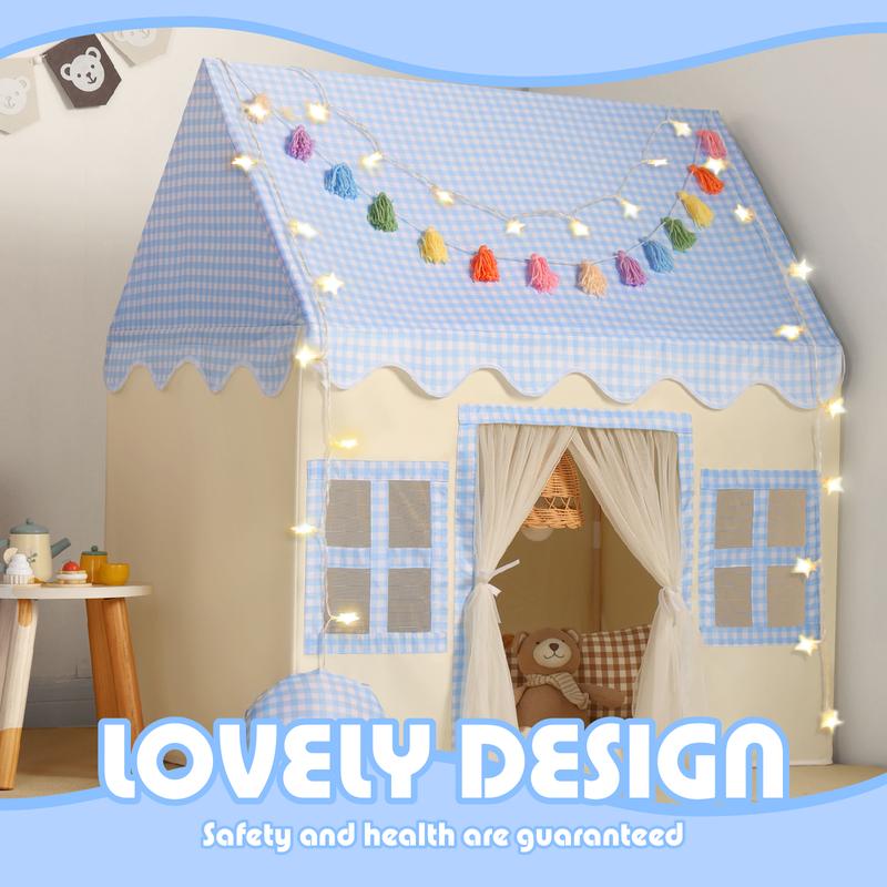 Play Tent house for kid 4-12 Years, Tent with Blue Checkered, Mat, Colorful Hangings, Star Lights Toy Playhouse Indoor Outdoor Game playtent house