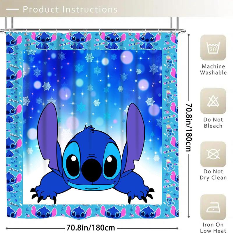 Cartoon Stitch Pattern Bathroom Curtain with 12 Hooks, 1 Count Waterproof Shower Curtain or 4 Counts/set Curtain & Mat Set, Home Decor Supplies