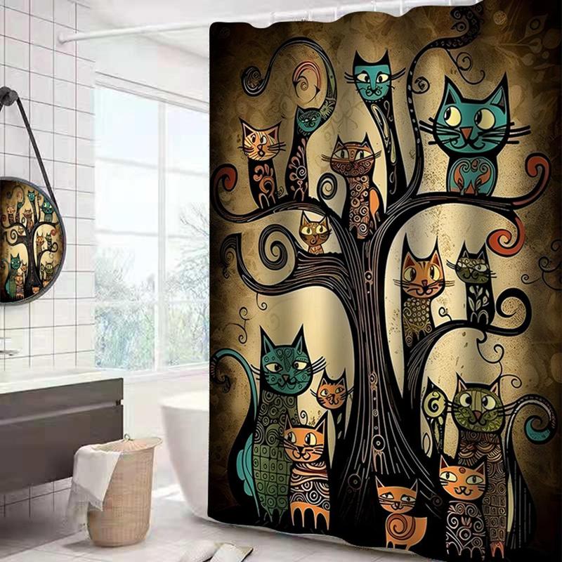 Tree & Cat Print Bathroom Set, Including 1 Waterproof Shower Curtain (with 12 Hooks) & 1 Toilet Seat Cover & 1 Rectangle Bath Mat & 1 U-shaped Toilet Mat