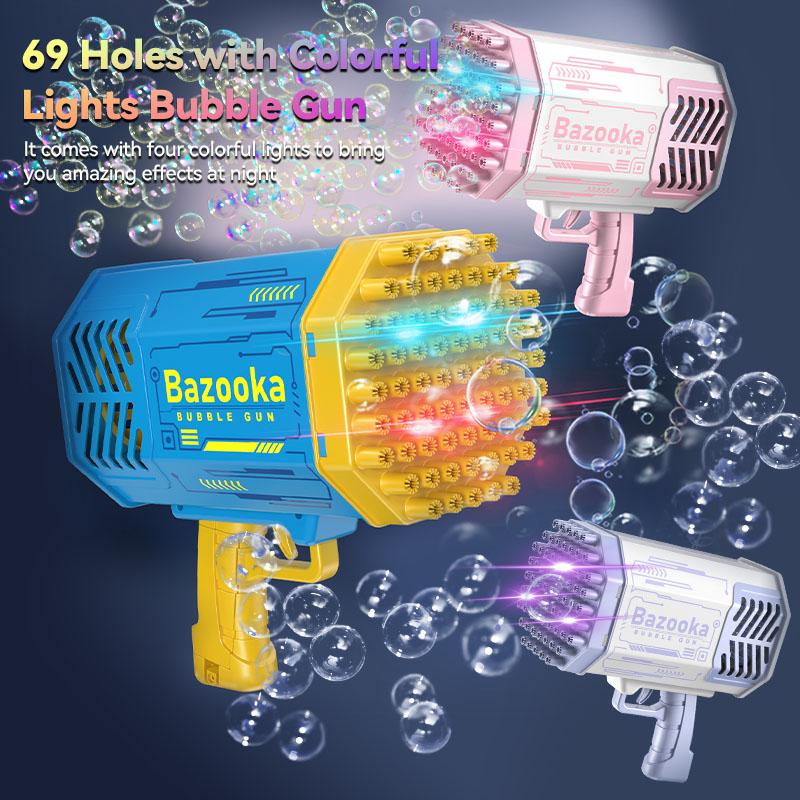 Bubble Machine Gun; Bubble Gun with Colorful Lights; 69 Holes Bubble Gun Toys for Masses; Summer Outdoor Toys, Birthday Wedding Party Favors (Blue)