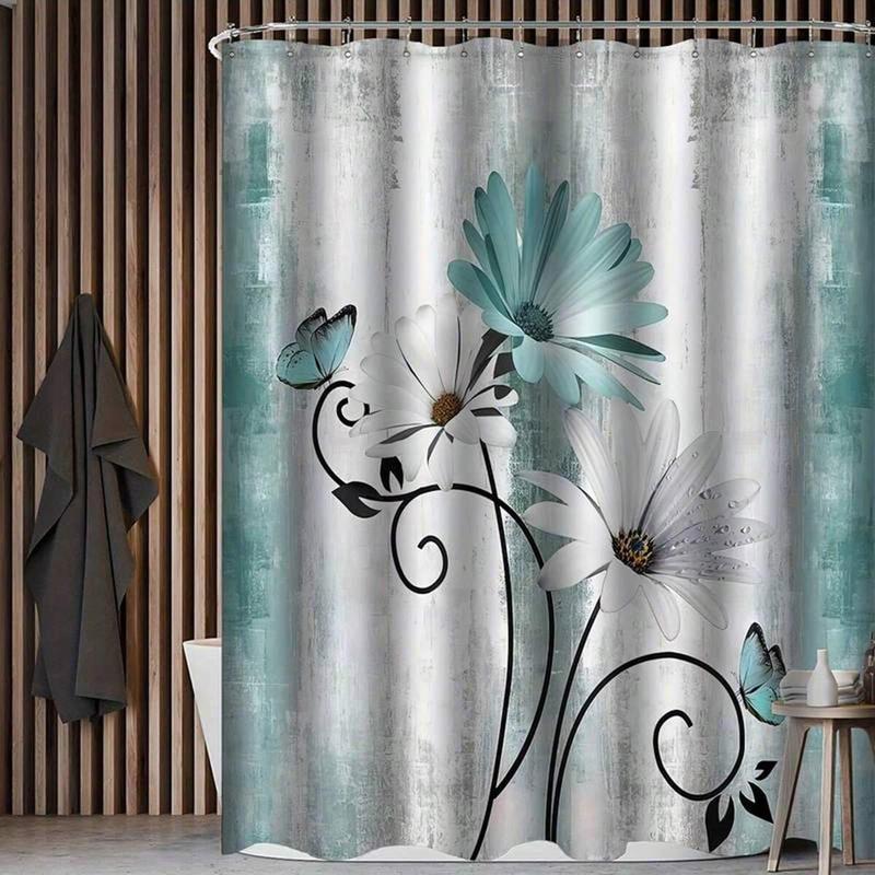 Rustic Farmhouse Bathroom Decor Set, 1 Count Shower Curtain with Hooks & 3 Counts Bath Mat Set, Floral Pattern Bathroom Accessories, Bathroom Supplies