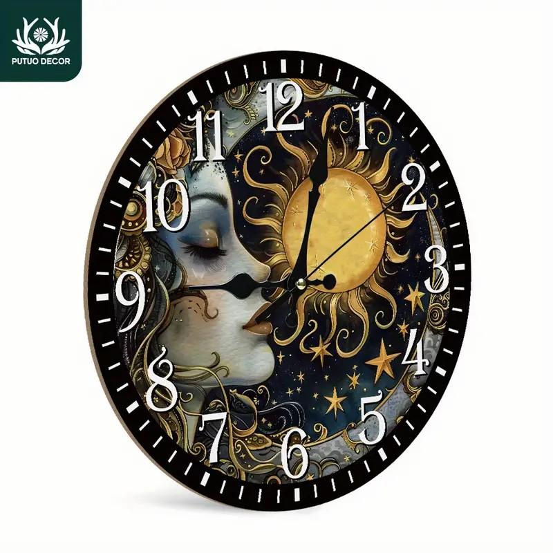 Putuo Decor 1pc Round Wall Clock Wooden Hanging Decoration with Sun and Moon Element, Wall Art Decor for Home Farmhouse Office Studio Living Room Cafe Coffee Shop Bar Pub Club, Gift