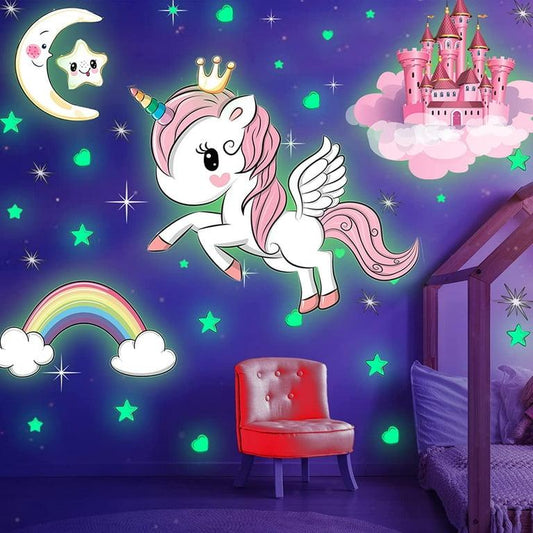 Glow in The Dark Stars, Glowing Unicorn Sets with Castle Moon and Rainbow Wall Decals for Kids Bedding Room, Great for Birthday Gift Wall Mural Stickers for Girls and Boys Decor Decoration Removable Tiles Sticker Nursery Plant