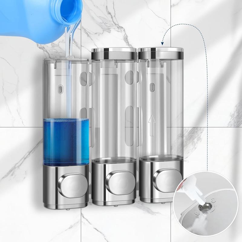 Shampoo & Conditioner Dispenser - 3 Chamber No-Drill Wall-Mounted Shower Dispenser for Bathroom, Hotel, Kitchen -  Electroplated Silver  Soap  Hand