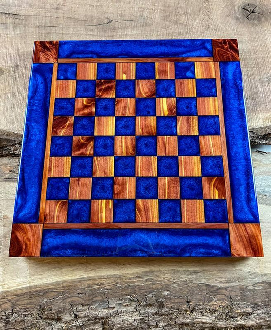 Deep Blue Cedar Chess/Checker Board with Border - Perfect for Family Games