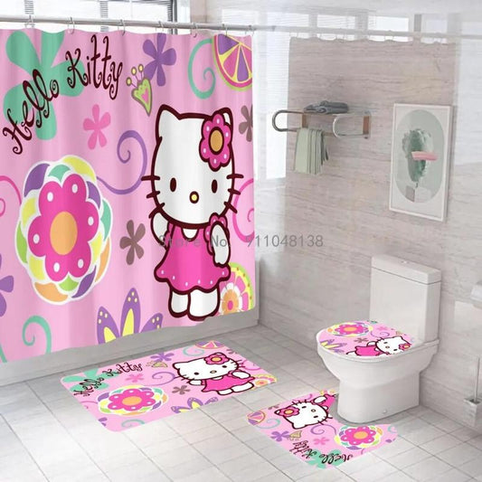 Anime My Melody Hello Kitty Bathroom Non-slip Mat Durable Waterproof Shower Curtain Set Pedestal Rug Lid Toilet Cover Bath Mat