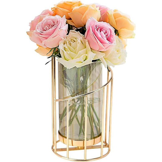 Glass Flower Vase with Metal Frame Modern Creative Geometric Gold Vase Decorative Vase Wedding Home Decoration or Office-Gold Table Gift Removable Decor