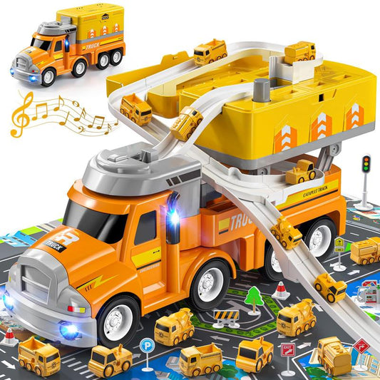 Construction Truck  Toys , Car Adventure Toys for , Car Carrier Toy with 8 vehicles, Movable Truck Station Toys, Birthday Gifts