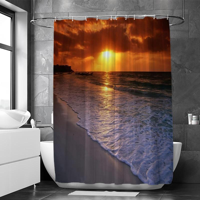 Romantic?Sunset Beach Pattern Shower Curtain, Waterproof Bathroom Curtain with Hooks, Bathroom Accessories, Home Decoration