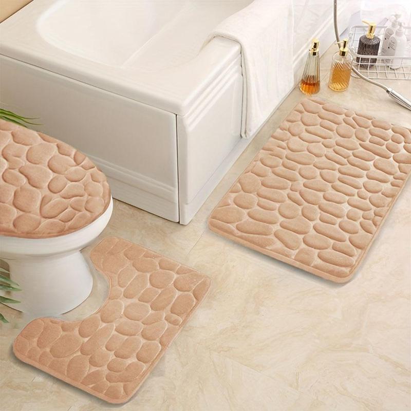 Cobblestone Pattern Bathroom Mat Set, 3pcs Solid Color Non-slip Soft Bathroom Mat Set, Bathroom Mat, U-shaped Toilet Rug, Toilet Lid Cover, Water Absorbent Bathroom Rug, Bathroom Accessories