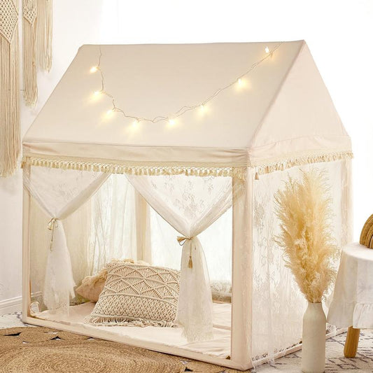 Kids Play Tent Large Playhouse with Mat/Star Light/Star Garland/Tassel Macrame Boho Style Indoor&Outdoor Play Tent for Kids, Neutral Color, 52x35x52, Lace Tassel