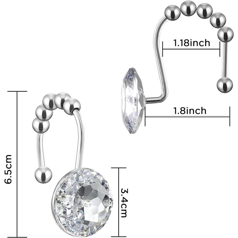 HBlife 12 Pcs Acrylic Decorative Rolling Diamond Shower Curtain Hooks Rust Proof with Glide Balls Rhinestones Crystal Bling Shower Curtain Hooks for Curtain and Shower Rod, Clear Round