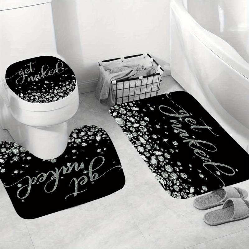 Letter Diamond Pattern Bathroom Set, Including 1count Shower Curtain & 1count Toilet Seat Mat & 2counts Non-slip Rug, Modern Fashion Luxury Bathroom Decor, Bathroom Supplies