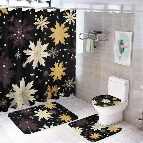 Snowflake Shower Curtain Sets with Rugs 4 Piece Gold Flowers Leaves Bathroom Decor Set with Non-Slip Rugs Toilet Lid Cover and Bath Mat, Home Bathroom Shower Curtain Set with 12 Hooks