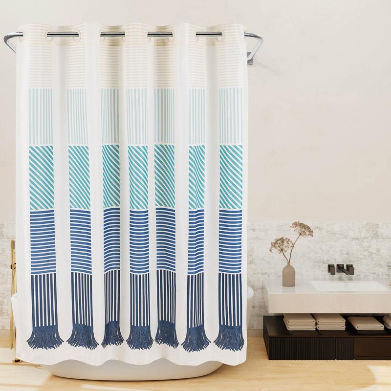 Boho Shower Curtain for Bathroom with Stripe,Farmhouse Fabric Tassel Style Shower Curtain,No Hooks Needed, Magnets,71x74Inches,New Year gifts