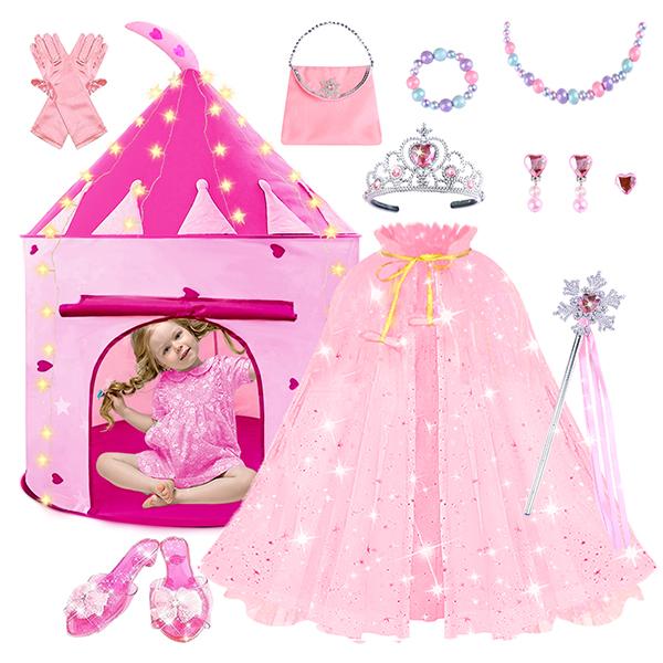 WTOR 15Pcs Princess Castle Play Tent Dress Up with LED Glow in The Dark Stars for Little Girls£­Princess Dress Up Cape with Crown,Girl Play Tent/House Toy for Indoor & Outdoor Use