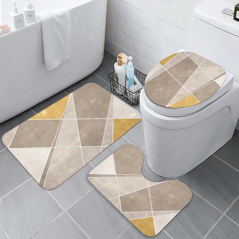 3pcs Geometric Pattern Bathroom Decorative Mat Set, Non-slip Bathroom Rug, Bathroom Decoration Supplies