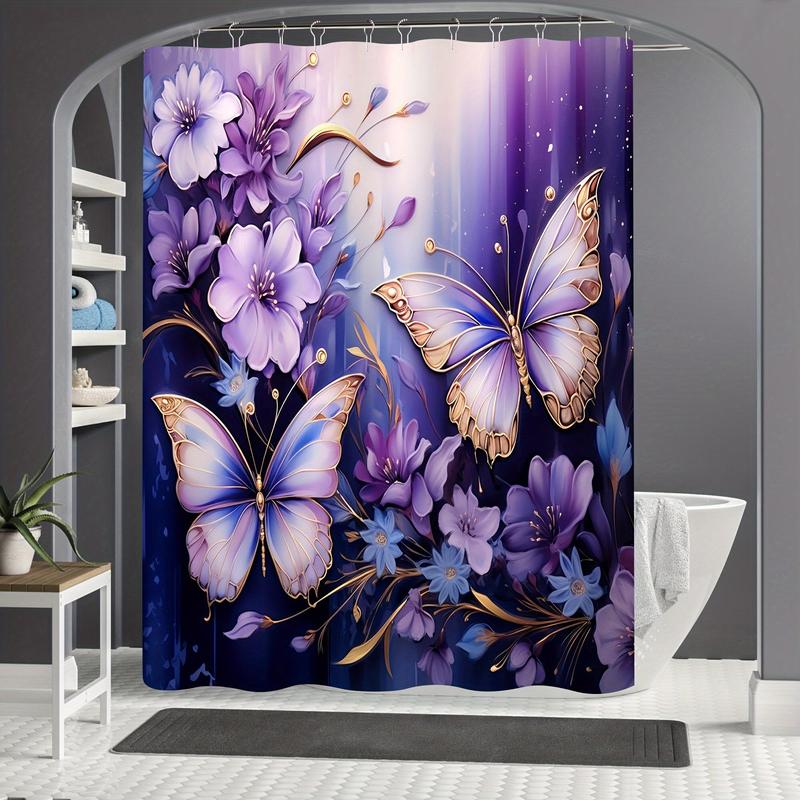 Butterfly & Floral Pattern Bathroom Accessories Set (4 Counts), Waterproof Bath Curtain with Hooks & Toilet U-shaped Mat & Toilet Lid Cover & Bath Mat Set, Bathroom Decor Set, Bathroom Accessories, Bathroom Decor Supplies