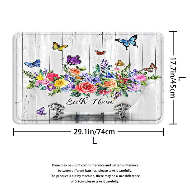 Butterfly & Floral Pattern Bathroom Set, Including Bathroom Curtain & Toilet Mat & Toilet Cover & Bath Mat, Bathroom Decor Supplies