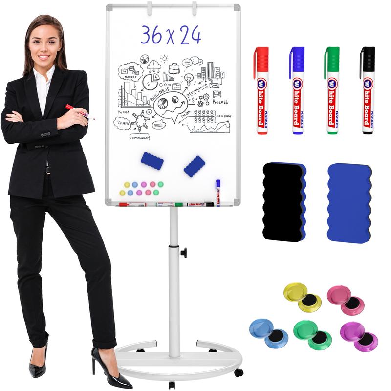 Nicpro Mobile Whiteboard 36"x 24" Magnetic Dry Erase Board, Height Adjustable Standing Easel Whiteboard with 5 Wheels, Flipchart Hooks, Rolling Whiteboard for Office Home or Classroom Teaching