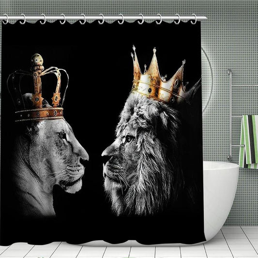 Bathroom Accessories, 4 Counts Lion Pattern Shower Curtain & Non-slip Bath Mat & U-shaped Commode Contour Rug & Toilet Lid Mat Set/Only 1 Count Shower Curtain, Bathroom Decor Set