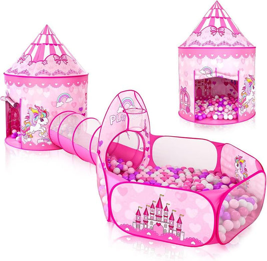 Princess Castle Kids Play Tent tunnel for Girls 4-12 Years Children Toys Pink Ball Pit Tent  with Pop-up Tunnel Indoor Outdoor Playhouse indoor