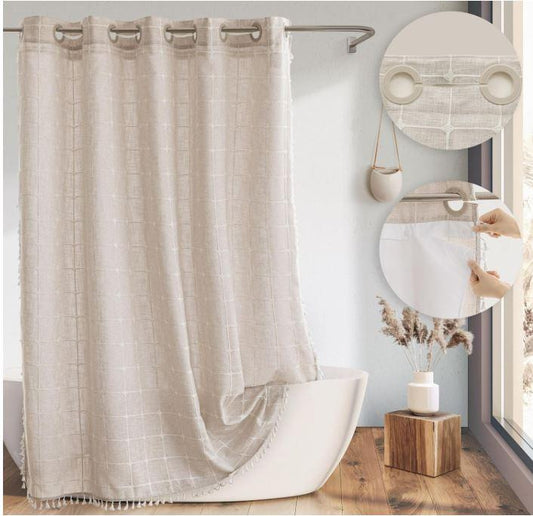 Farmhouse Shower Curtain with Snap-in Liner, No Hooks Needed,Boho Fabric Shower Curtains with Tassels for Rustic Neutral Bathroom Decor,with Magnets,Water Repellent&Machine Washable,Linen,71x74Inch