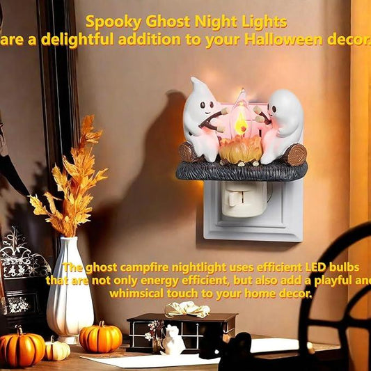 Breamies Halloween Hand Made Ghost Campfire Flickering Nightlight-Indoor Decorations,Night Light,Roasting At Campfire, Faux Campfire Night Light Plug into Wall for Home Decor Set,Spooky Fire Marshmallow children's Gifts Decoration Ornaments