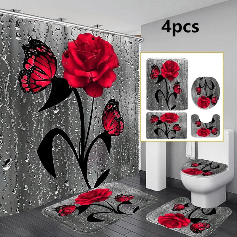 Rose & Butterfly Pattern Bathroom Decor Set, 1 Count/4 Counts Modern Waterproof Bathroom Shower Curtain with 12pcs Hooks, Bathroom Accessories for Home Decor