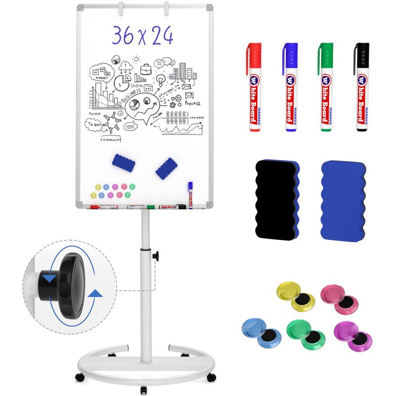 Nicpro Mobile Whiteboard 36"x 24" Magnetic Dry Erase Board, Height Adjustable Standing Easel Whiteboard with 5 Wheels, Flipchart Hooks, Rolling Whiteboard for Office Home or Classroom Teaching