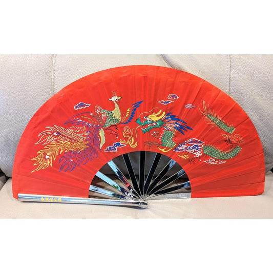 Red Dragon Phoenix Solid Metal Fan Left Hand