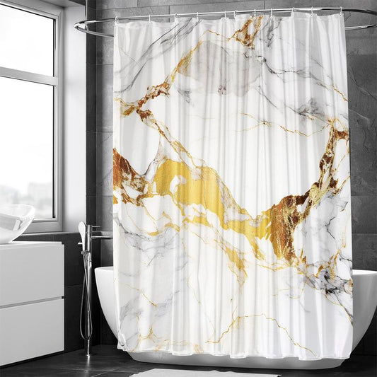 Marble Pattern Bath Curtain, Waterproof Shower Curtain with 12pcs Hooks & 1 Count Random Color Curtain Tieback, Bathroom Curtain for Bathroom Decor