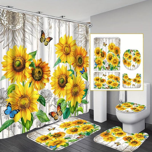 Sunflower Pattern Bathroom Accessories Set (4 Counts), Waterproof Bath Curtain with Hooks & Toilet U-shaped Mat & Toilet Lid Cover & Bath Mat Set, Bathroom Decor Supplies